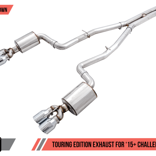 AWE Tuning 15+ Challenger 5.7 Touring Edition Exhaust - Non-Resonated - Chrome Silver Quad Tips AWE Tuning 15+ Challenger 5.7 Touring Edition Exhaust - Non-Resonated - Chrome Silver Quad Tips