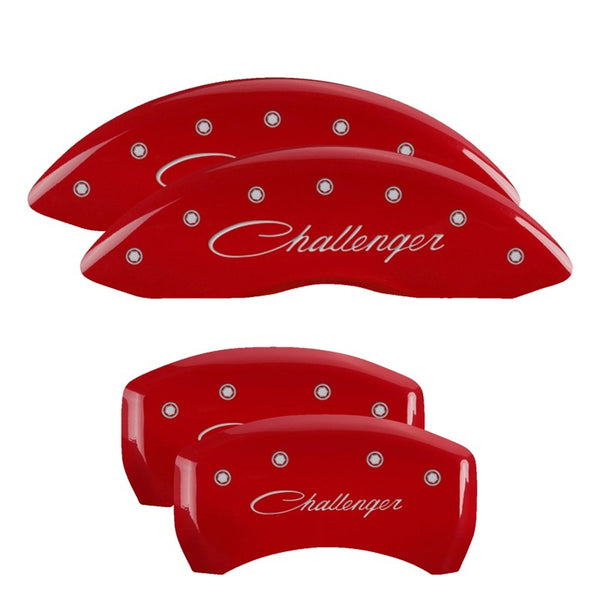 MGP 4 Caliper Covers Engraved Front & Rear Cursive/Challenger Red finish silver ch