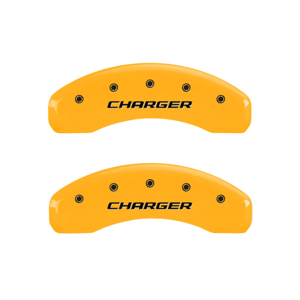 MGP 4 Caliper Covers Engraved Front & Rear Block/Charger Yellow finish black ch