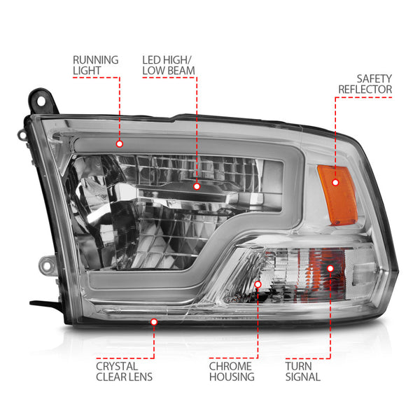 ANZO 2009-2020 Dodge Ram 1500 Full LED Square Projector Headlights w/ Light Bar Chrome Housing