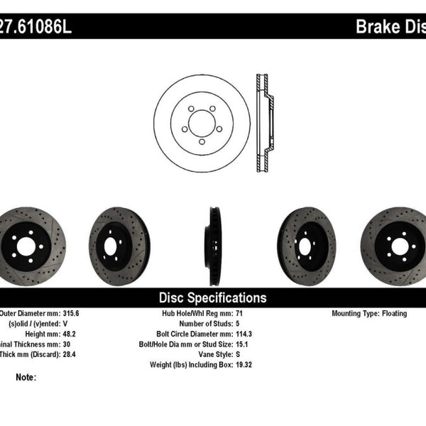 StopTech 05-10 Ford Mustang GT Front Left Slotted & Drilled Rotor