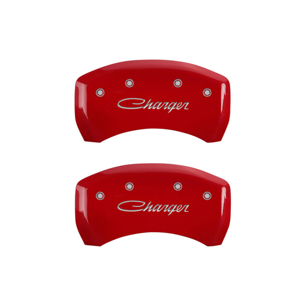 MGP 4 Caliper Covers Engraved Front & Rear Cursive/Charger Red finish silver ch