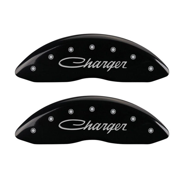 MGP 4 Caliper Covers Engraved Front & Rear Cursive/Charger Black finish silver ch