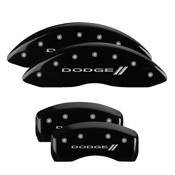 MGP 4 Caliper Covers Engraved Front & Rear With stripes/Dodge Black finish silver ch