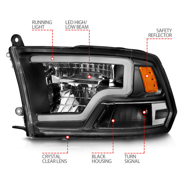 ANZO 2009-2020 Dodge Ram 1500 Full LED Square Projector Headlights w/ Light Bar Chrome Housing