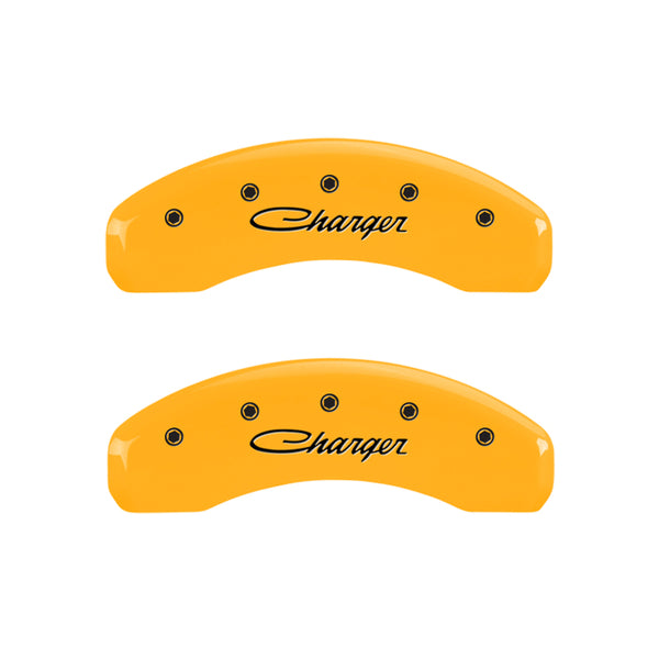 MGP 4 Caliper Covers Engraved Front & Rear Cursive/Charger Yellow finish black ch