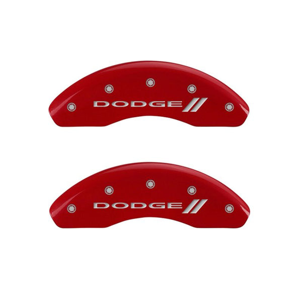 MGP 4 Caliper Covers Engraved Front & Rear With stripes/Dodge Red finish silver ch