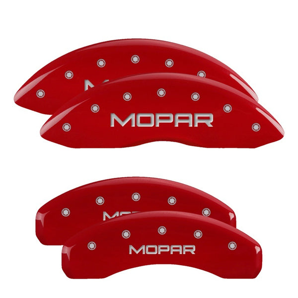 MGP 4 Caliper Covers Engraved Front & Rear 11-18 Dodge Durango Red Finish Silver Mopar Logo