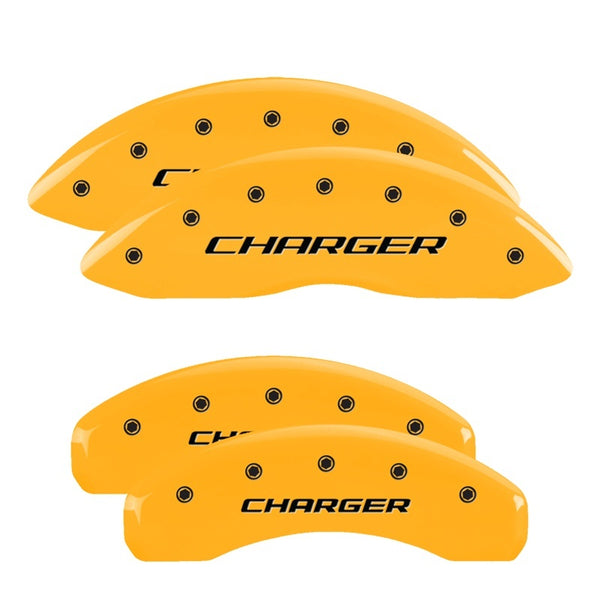 MGP 4 Caliper Covers Engraved Front & Rear With stripes/Challenger Yellow finish black ch