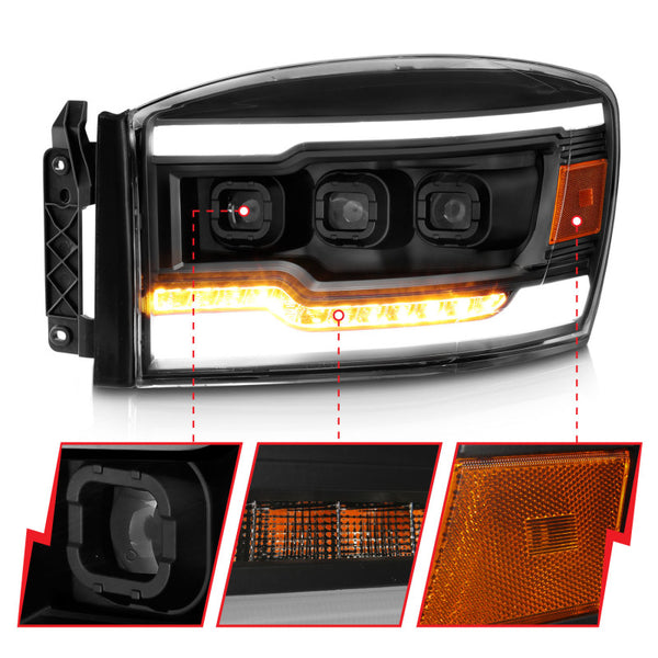 ANZO 06-08 Dodge RAM 1500/2500/3500 LED Projector Headlights w/Light Bar Seq. Signal Black Housing