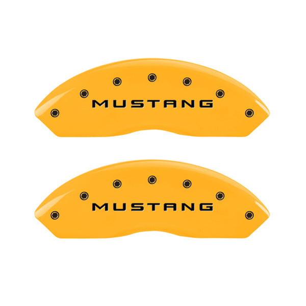 MGP 4 Caliper Covers Engraved Front Mustang Engraved Rear Bar & Pony Yellow finish black ch