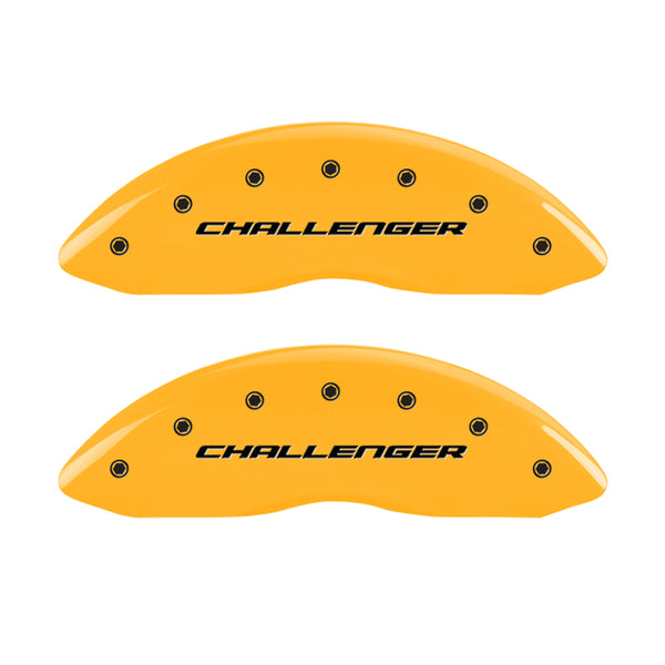 MGP 4 Caliper Covers Engrvd Front Block/Challenger Engrvd Rear Vintage Style/RT Yellow fnsh Blk ch