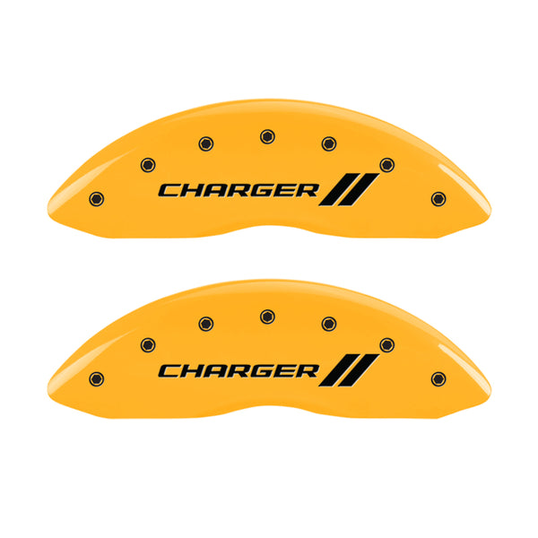 MGP 4 Caliper Covers Engraved Front & Rear With stripes/Charger Yellow finish black ch