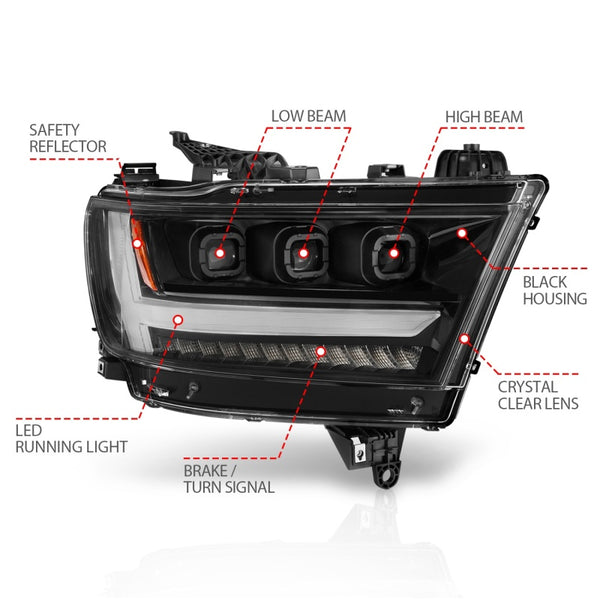 ANZO 2019-2020 Dodge Ram 1500  LED Projector Headlights Plank Style w/ Sequential Black (Passenger)