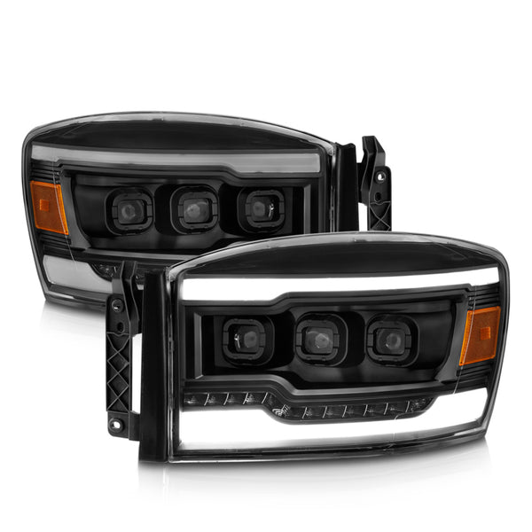 ANZO 06-08 Dodge RAM 1500/2500/3500 LED Projector Headlights w/Light Bar Seq. Signal Black Housing