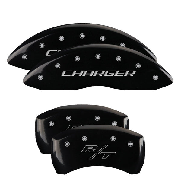 MGP 4 Caliper Covers Engraved Front & Rear With stripes/Dodge Yellow finish black ch
