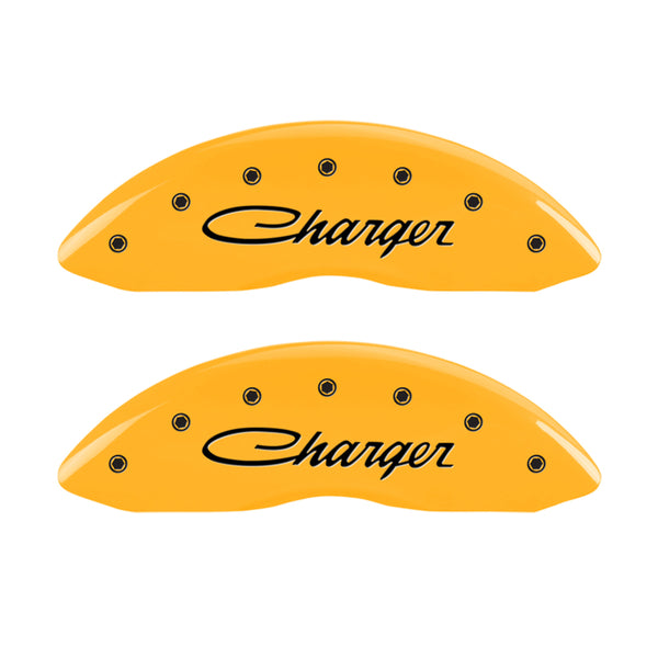 MGP 4 Caliper Covers Engraved F & R Cursive/Charger Yellow Finish Black Char 2006 Dodge Charger