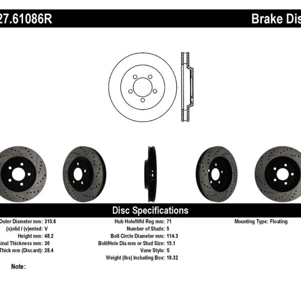 StopTech 05-10 Ford Mustang GT Front Right Slotted & Drilled Rotor