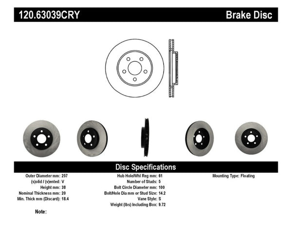 Stoptech 95-99 Dodge Neon / Plymouth Neon Premium Front Cryo Brake Rotor