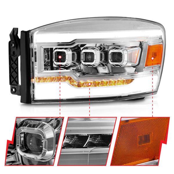 ANZO 06-08 Dodge RAM 1500/2500/3500 LED Projector Headlights w/Light Bar Seq. Signal Chrome Housing
