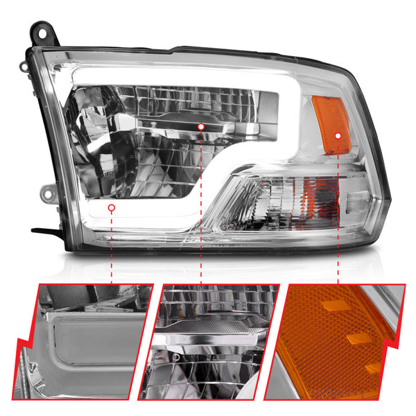 ANZO 2009-2020 Dodge Ram 1500 Full LED Square Projector Headlights w/ Light Bar Chrome Housing