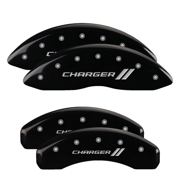 MGP 4 Caliper Covers Engraved Front & Rear Cursive/Charger Black finish silver ch