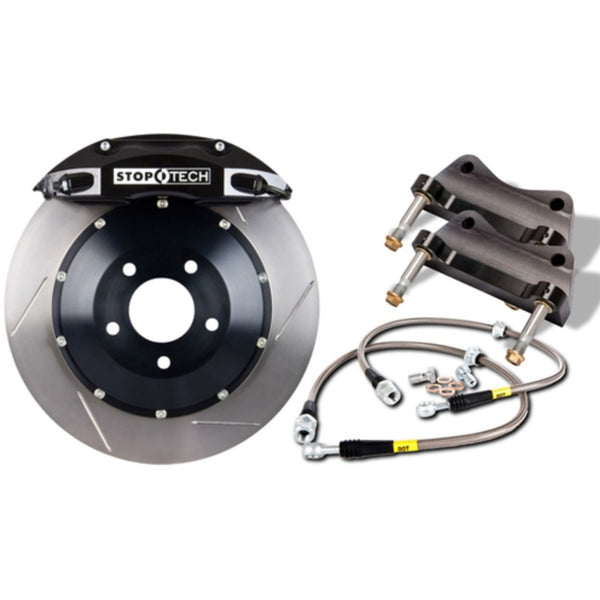 StopTech 87-93 Ford Mustang Front BBK w/ Black ST-40 Calipers Slotted 332x32mm Rotors/Pads/SS Lines