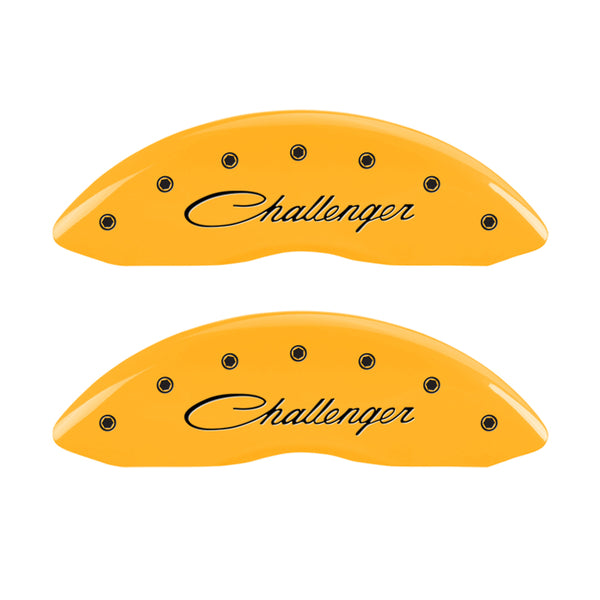 MGP 4 Caliper Covers Engraved Front & Rear Cursive/Challenger Yellow finish black ch