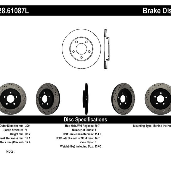 StopTech 05-10 Ford Mustang V6/4.0L / GT V8/4.6L Cross Drilled Left Rear Rotor