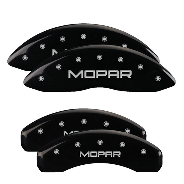 MGP 4 Caliper Covers Engraved Front & Rear 11-18 Dodge Durango Black Finish Silver Mopar Logo